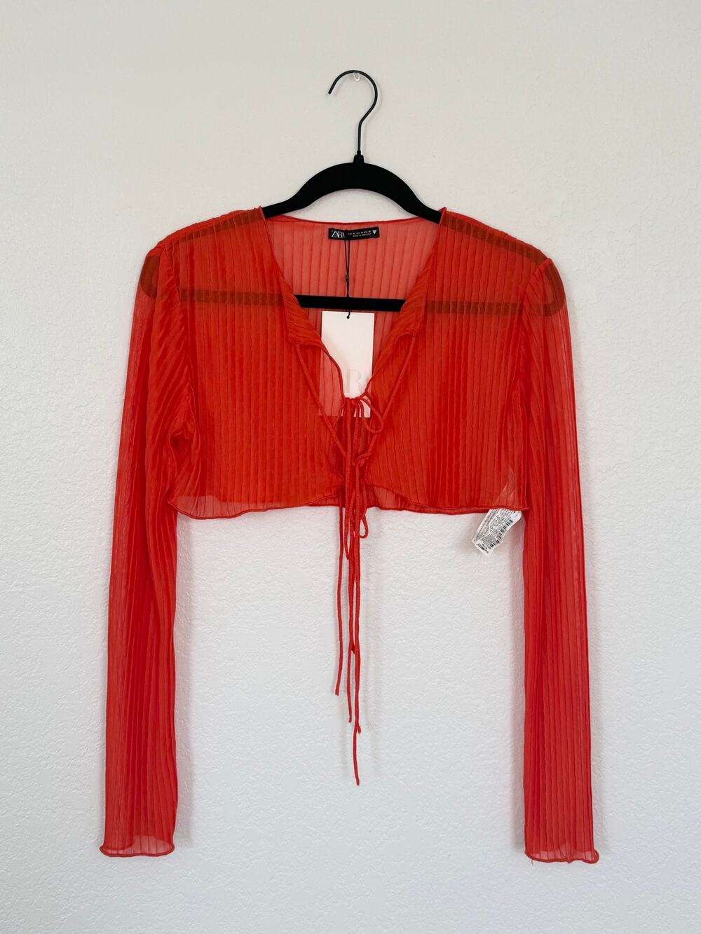 Zara Orange Sheer Long Sleeve Tie-Front Crop Top – NWT